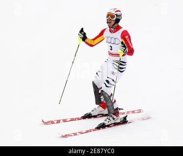 Felix Neureuther of Germany celebrates winning the men's Alpine Skiing World Cup Slalom in Garmisch-Partenkirchen March 13, 2010. REUTERS/Miro Kuzmanovic (GERMANY - Tags: SPORT SKIING)