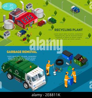 Due striscioni isometrici per rifiuti con carrelli per lo smaltimento dei rifiuti in funzione icone di detergenti e impianti di riciclaggio illustrazione vettoriale Illustrazione Vettoriale