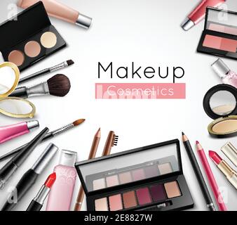 Cosmetici trucco beauty bag accessori composizione realistica poster con rossetto illustrazione vettoriale della lucentezza delle labbra e delle ombre degli occhi Illustrazione Vettoriale