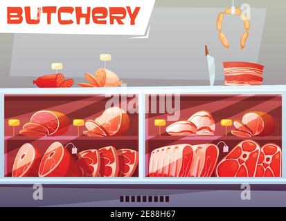 Storefront del concetto di design del negozio di macelleria con le etichette dei prezzi e. prodotti a base di carne di maiale e manzo piatto illustrazione vettoriale Illustrazione Vettoriale