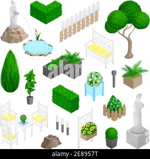 Parco giardino elementi isometrici paesaggio insieme con piante fiori mobili e statue isolate su sfondo bianco illustrazione vettoriale Illustrazione Vettoriale