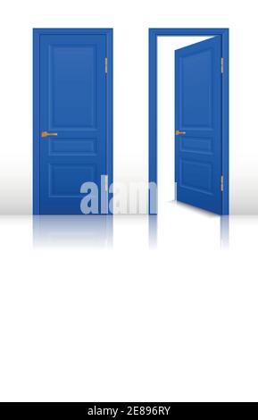 Camera blu con porte aperte e chiuse con maniglie marroni impostare l'illustrazione vettoriale realistica isolata Illustrazione Vettoriale
