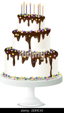 Torta di compleanno realistica con candele al cioccolato e gocce dolci illustrazione vettoriale Illustrazione Vettoriale