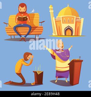 Icone di cartoni animati di religione con chiesa e simboli di preghiera immagine vettoriale isolata con sfondo blu Illustrazione Vettoriale