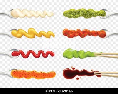 Set di icone colorate raffiguranti diverse salsa nel vettore cucchiaio illustrazione Illustrazione Vettoriale