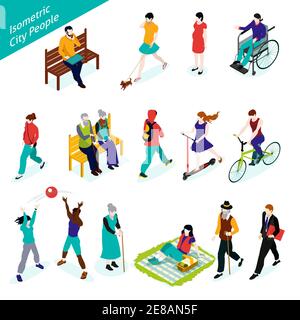 Set di icone della gente della città. Illustrazione vettoriale delle persone della città. Set decorativo della gente della città. City People Design Set.City People Isometrica set isolato. Illustrazione Vettoriale