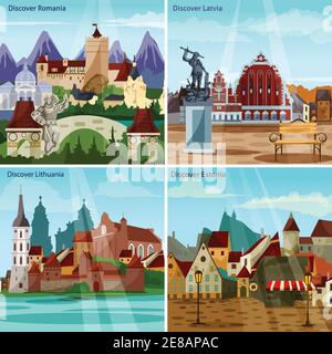 Concetto europeo di Cityscapes. L'Europa e le attrazioni illustrazione vettoriale. Set di icone piatte Città europee. Set di design per i paesi europei. Isol Europa Orientale Illustrazione Vettoriale