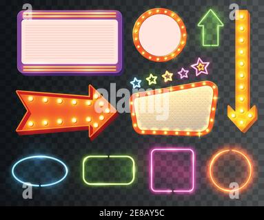 Icona al neon Set multicolore lampeggiante e scintillante con poco luci su sfondo trasparente illustrazione vettoriale Illustrazione Vettoriale