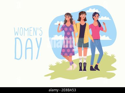 giornata delle donne con un gruppo di tre giovani donne vettore caratteri disegno dell'illustrazione Illustrazione Vettoriale