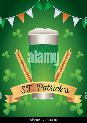 happy saint patricks poster giorno con birra verde e garlands disegno di illustrazione vettoriale Illustrazione Vettoriale