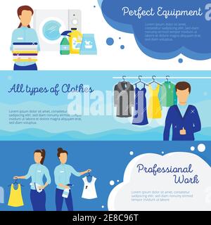 Servizio lavanderia Banner orizzontale impostato con il lavoro professionale simboli isolati piatta illustrazione vettoriale Illustrazione Vettoriale