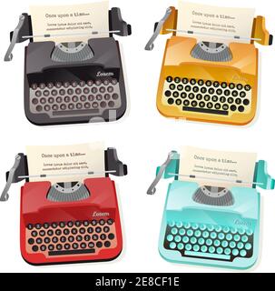 Set piatto di coloratissime macchine da scrivere vintage isolate su sfondo bianco illustrazione vettoriale Illustrazione Vettoriale