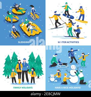 Attività invernale: Concetto di design 2x2 con bambini e genitori felici sci slittino pattinaggio piatto vettore illustrazione Illustrazione Vettoriale