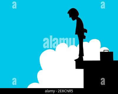 Illustrazione di un uomo che si trova sul bordo di un alto edificio contemplando il suicidio Foto Stock