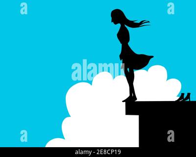 Illustrazione di una donna che si trova sul bordo di un alto edificio che contempla il suicidio Foto Stock