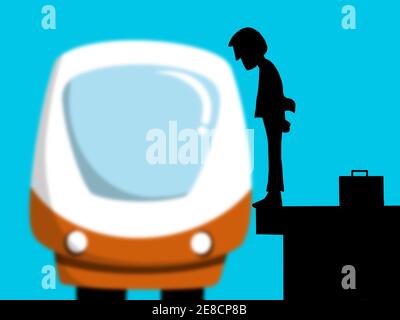 Illustrazione di un uomo in piedi sul bordo di a. piattaforma che contempla il suicidio saltando ad un treno ad alta velocità in arrivo Foto Stock