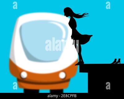 Illustrazione di una donna che si trova sul bordo di un piattaforma che tenta di suicidarsi saltando su un treno ad alta velocità in arrivo Foto Stock