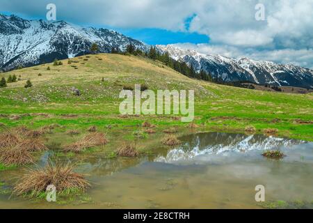 Splendido paesaggio alpino con piccolo lago e alta neve Piatra Craiului montagne sullo sfondo, vicino Pestera villaggio, Transilvania, Romania, Europa Foto Stock