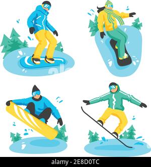 Quattro composizioni colorate di design con persone su snowboard in diversi posa cavalcare da neve cima montagna piatta illustrazione vettoriale Illustrazione Vettoriale