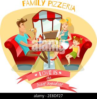 Famiglia pizzeria design concetto con i giovani genitori e la loro figlia al tavolo da pranzo in pizzeria interno piatto illustrazione vettoriale Illustrazione Vettoriale
