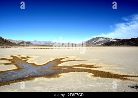 vela roccia lasciando un lungo sentiero nel deserto di L'ippodromo Playa segna il percorso di uno dei Misteriose rocce in movimento nella Death Valley Nation Foto Stock