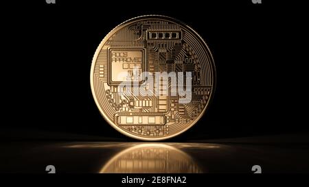 Moneta di bitcoin d'oro su sfondo nero. Valuta digitale popolare. Criptovaluta creata, distribuita, negoziata, immagazzinata in un sistema decentrato Foto Stock