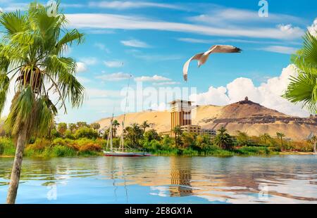 Il fiume Nilo e barche al tramonto in Aswan Foto Stock