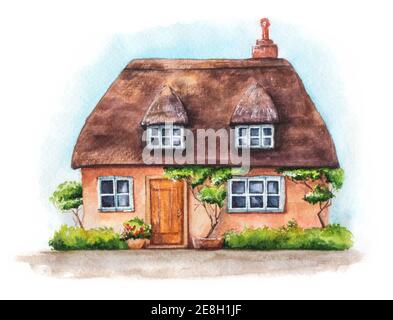 Illustrazione disegnata a mano di casa tradizionale inglese villaggio isolato su sfondo bianco. Acquerello accogliente casa con tetto in paglia, piante e cielo Foto Stock