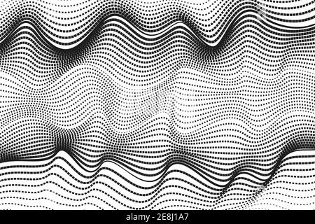 Linee di ripple nere punteggiate, sfondo bianco. Schema di disegno a linee. Curve puntate. Design monocromatico. Grafico bw vettoriale astratto. Radio, onda sonora. EPS10 Illustrazione Vettoriale