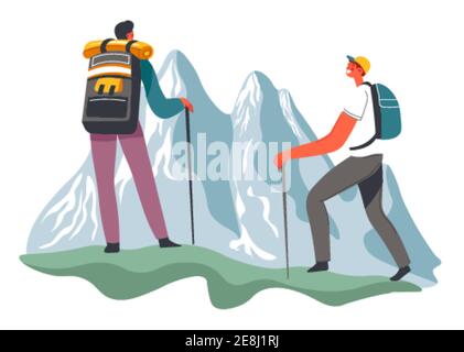 Personaggi maschi escursionistici con pali in montagna Illustrazione Vettoriale