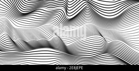 Squiggle curve sottili. Astratto nero, bianco a strisce sfondo. Design della linea tecnologica. Illusione ottica. Trama monocromatica. Modello di onda vettoriale. EPS10 Illustrazione Vettoriale