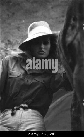 URSULA ANDRESS sul luogo candid durante il tiro di posizione nel deserto di Negev in Israele per LEI 1965 regista ROBERT GIORNO basato sul romanzo di H. Rider Haggard Hammer Films / Warner - Pathe Distributori Foto Stock