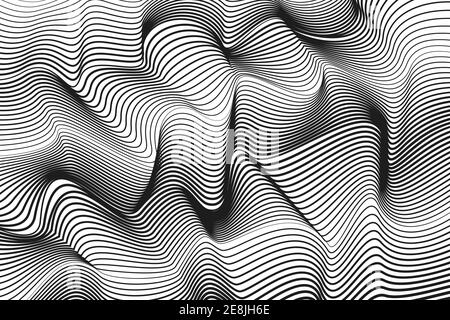 Motivo a strisce in bianco e nero. Curve bw fluenti. Righe quadrate astratte. Disegno vettoriale op art. Radio, onda sonora. Sfondo monocromatico. EPS10 Illustrazione Vettoriale