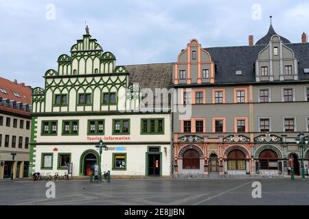 Casa di città e Cranach House, Cranach House, sul mercato, Weimar, Turingen, Germania Foto Stock