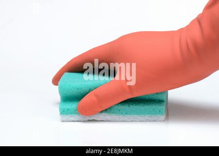 Spugna e guanto di gomma per la pulizia, guanti per uso domestico, spugna, spugne Foto Stock