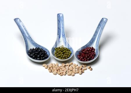 Vari fagioli secchi in cucchiaio di porcellana, fagioli azuki, fagioli rossi, fagioli neri, fagioli mungo, fagioli dagli occhi neri, vigna unguiculata, Vigna angularis, Vigna Foto Stock