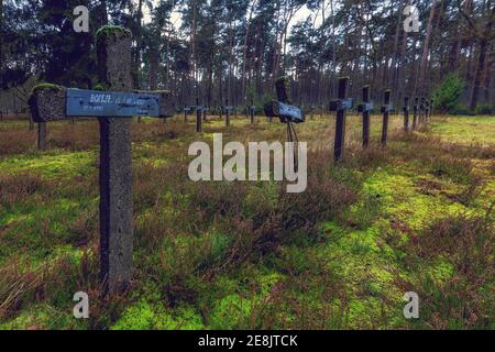 Luogo perduto, croci su tombe, cimitero abbandonato, il Cimitero del Mad, Lanaken, Belgio Foto Stock