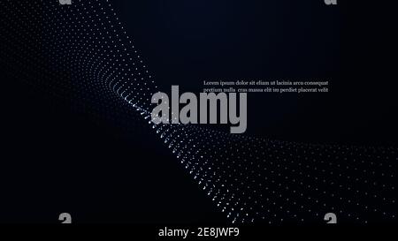 Le particelle dinamiche scorrono al buio. Una splendida serie di punti luminosi a forma d'onda. Illustrazione Vettoriale