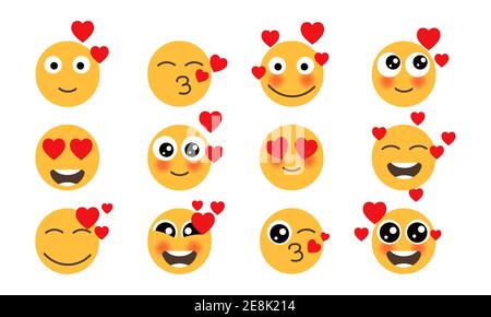 Occhi amore Set emoticon viso giallo. Collezione vettoriale divertente giallo amorevole umorismo umore smileys con i cuori. Fumetto emoji personaggio viso bacio e flirt. Illustrazione Vettoriale