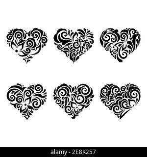Impostare i cuori stencil con motivi di foglie e fiori. Modello per interni, inviti, ecc. illustrazione vettoriale. Set di adesivi. Modello per Illustrazione Vettoriale