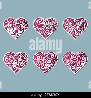 Impostare i cuori stencil con motivi di foglie e fiori. Modello per interni, inviti, ecc. illustrazione vettoriale. Set di adesivi. Modello per Illustrazione Vettoriale