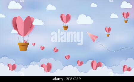 Pallone aerostatico a cuore rosa che vola nel cielo. Sfondo del giorno di San Valentino con palloncini a forma di cuore illustrazione vettoriale, banner, disegno di carta da parati. Illustrazione Vettoriale