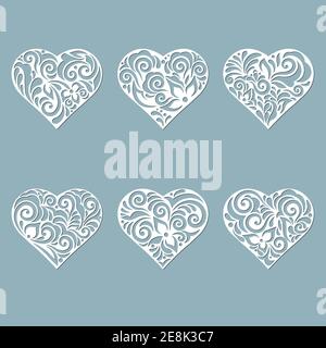 Impostare i cuori stencil con motivi di foglie e fiori. Modello per interni, inviti, ecc. illustrazione vettoriale. Set di adesivi. Modello per Illustrazione Vettoriale
