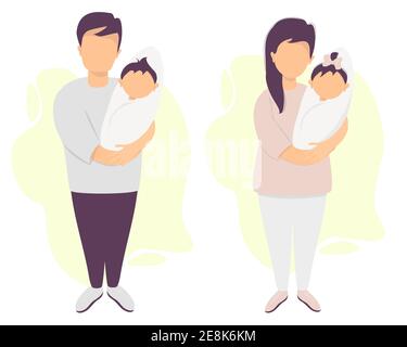 Felici i genitori con un bambino. Un uomo e una donna in pantaloni stanno in piedi e tengono un figlio e una figlia neonati. Illustrazione vettoriale. Un set di caratteri Illustrazione Vettoriale