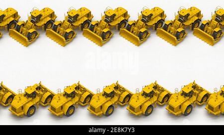fila di bulldozer sopra la vista con spazio di copia. rendering 3d Foto Stock