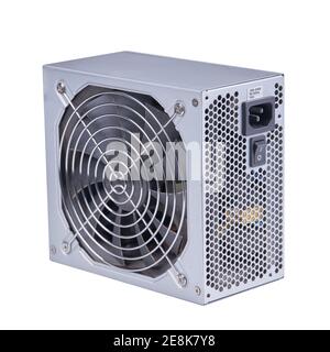 alimentatore per alimentazione computer. isolato su sfondo bianco. color argento. orientamento verticale Foto Stock