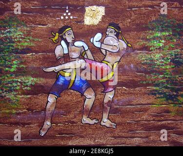 Arte, pittura, colore olio, Muaythai, boxe thailandese, dalla Thailandia Foto Stock