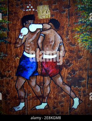 Arte, pittura, colore olio, Muaythai, boxe thailandese, dalla Thailandia Foto Stock