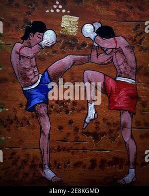 Arte, pittura a olio, Muaythai, boxe tailandese, dalla Thailandia Foto Stock