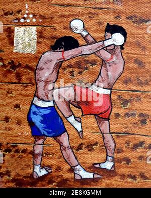 Arte, pittura a olio, Muaythai, boxe tailandese, dalla Thailandia Foto Stock